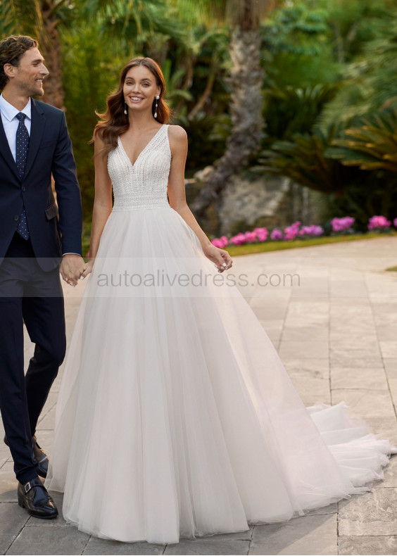 Beaded V Neck Ivory Lace Tulle Keyhole Back Dreamy Wedding Dress Beaded V Neck Ivory Lace Tulle Keyhole Back Dreamy Wedding Dress